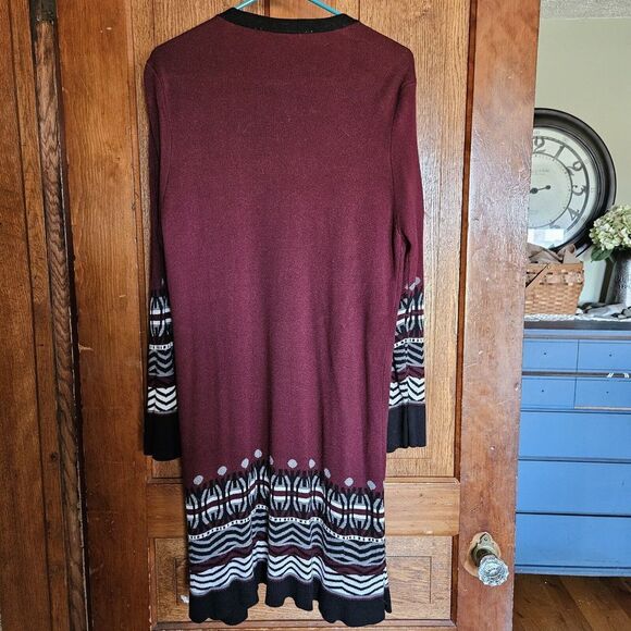 Valerie Stevens L Open Front Long Cardigan Burgundy Pattern Pockets Cozy Boho - Picture 2 of 5